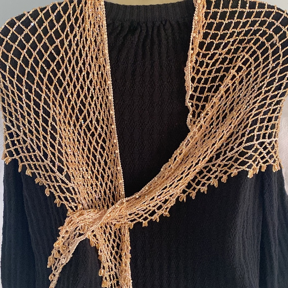 Hand made gold crochet triangular scarf rayon beaded & pearls 62”x46” stunning😍